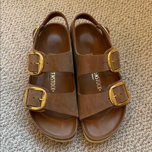 Birkenstock Arizona Tan Sandals with Gold Accents